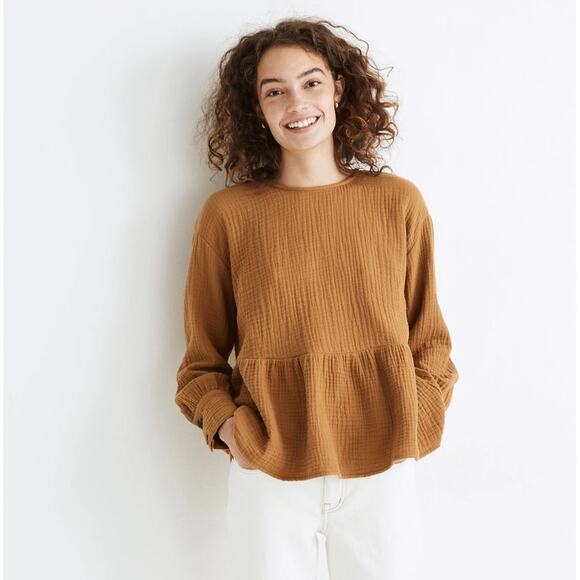 Madewell Lightspun Button-Back Peplum Top Compass Gold Gauze Blouse Cotton Sz S - Picture 3 of 7